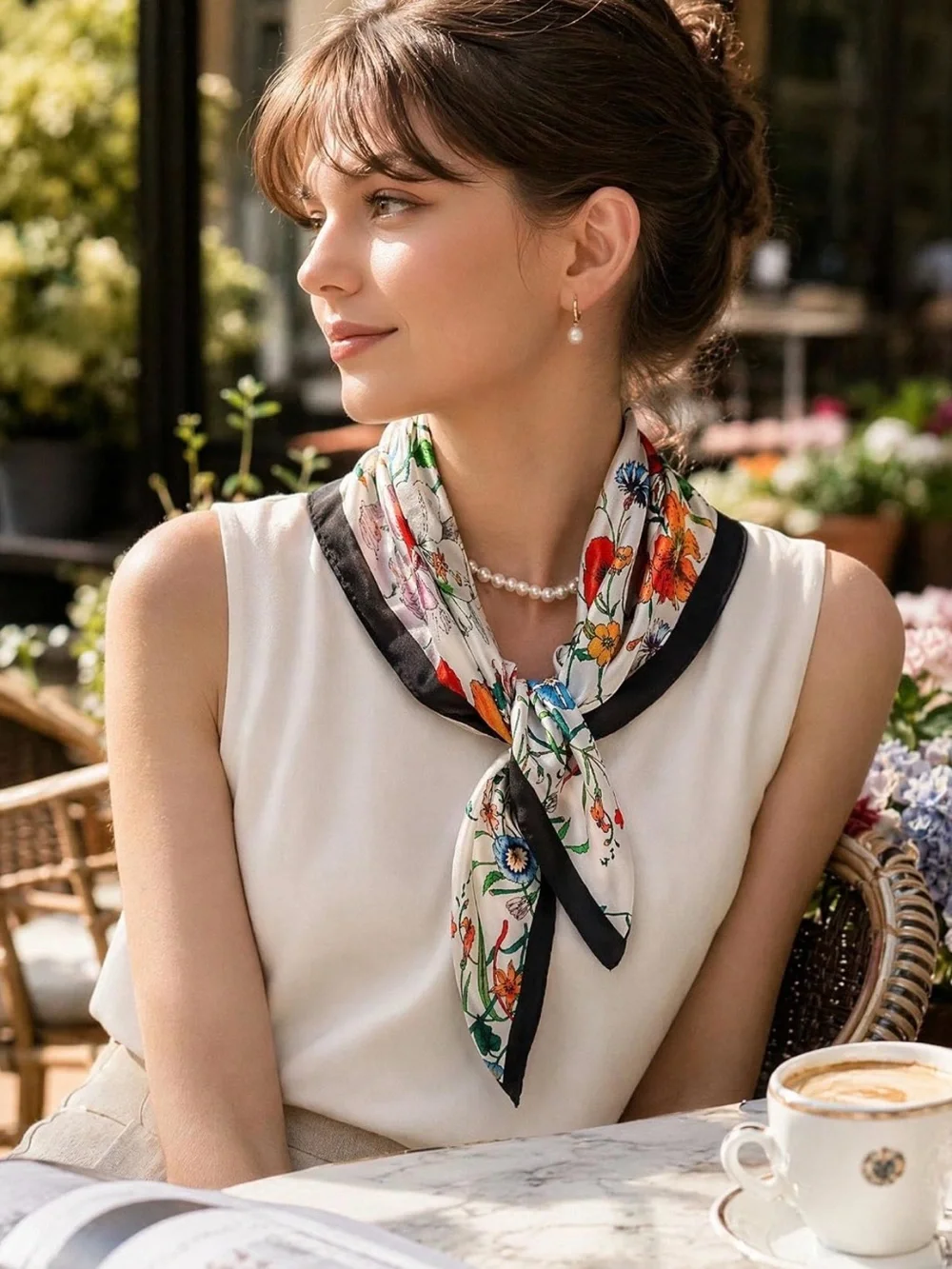 Floral Print Silk-Like Square Scarf in White with Multicolor Blooms